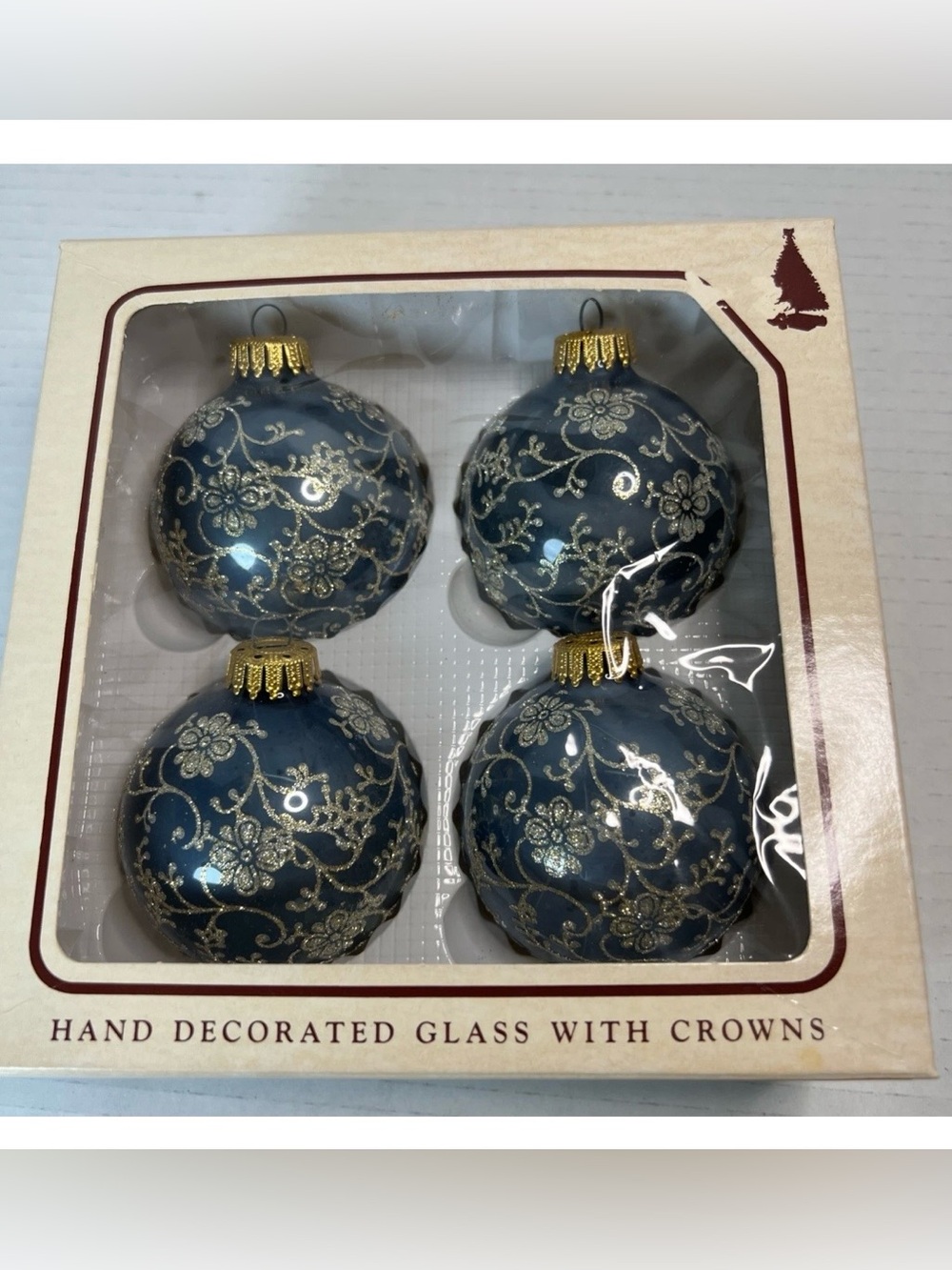Vintage Christmas by Krebs Hand Decorated Glass Ornaments Blue Gold Floral Crown